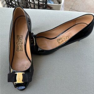 Salvatore Ferragamo Black Patent Peep Toe Heels